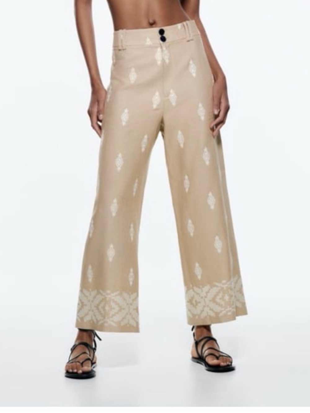 Zara Beige Linen Blend Embroidered Wide Leg Pants